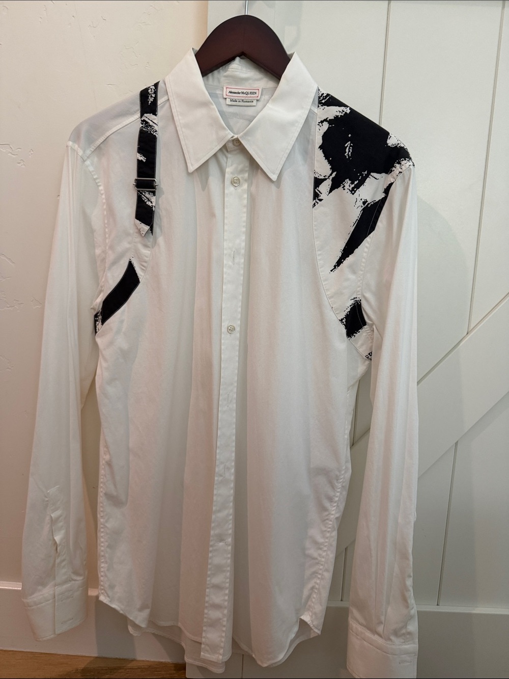 Alexander McQueen White Shirt with Black Graphic Shoulder Details